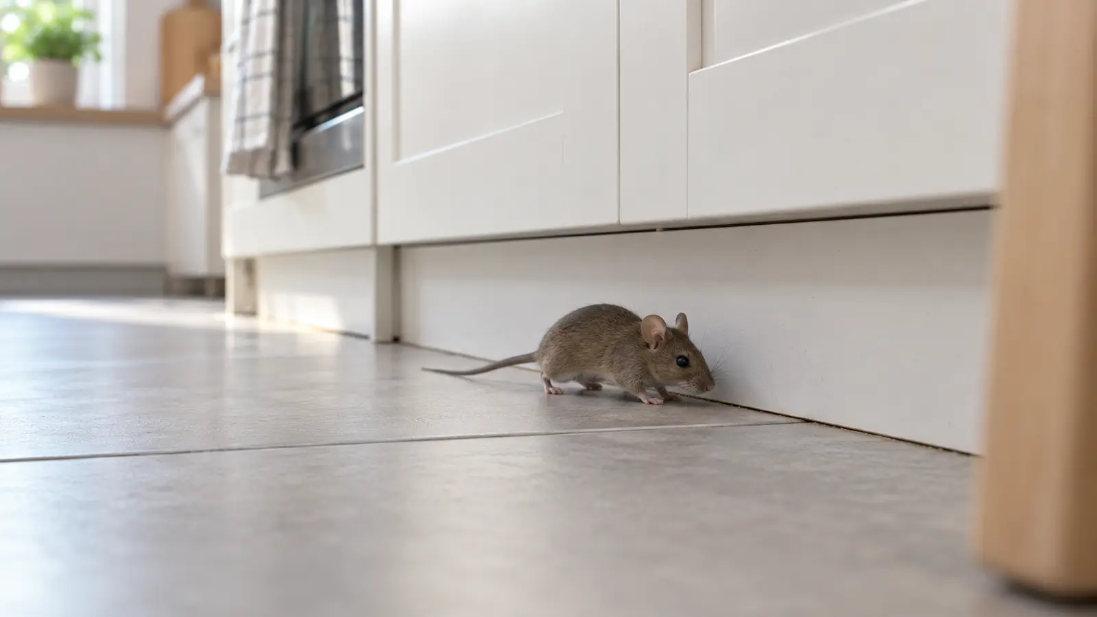 Muis die langs een keukenplint in een woning loopt