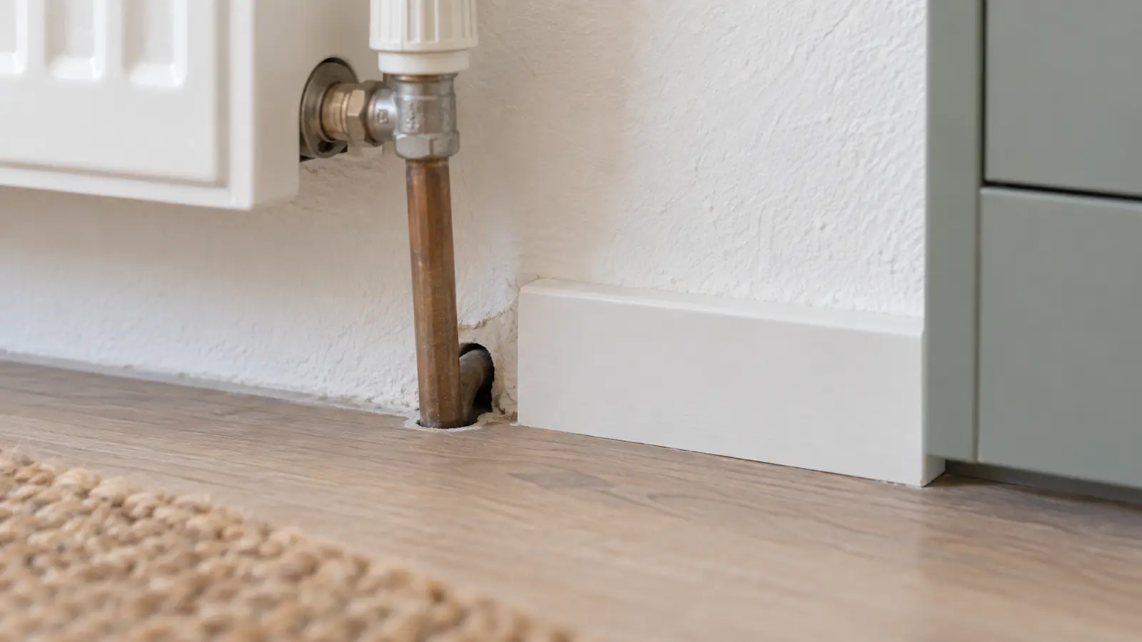 Kleine kier rond een leidingdoorvoer naast een keukenplint